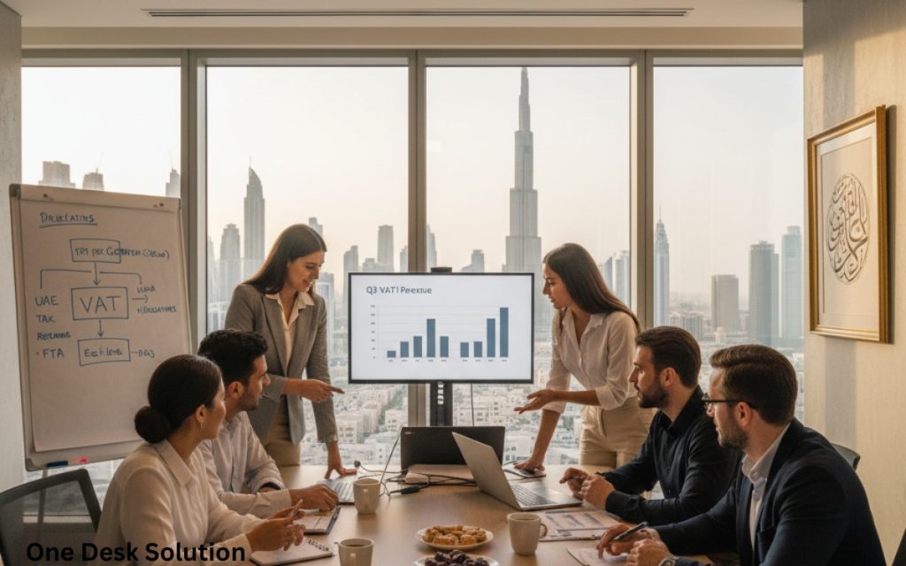 Generate an image for : VAT team working in the office in UAE