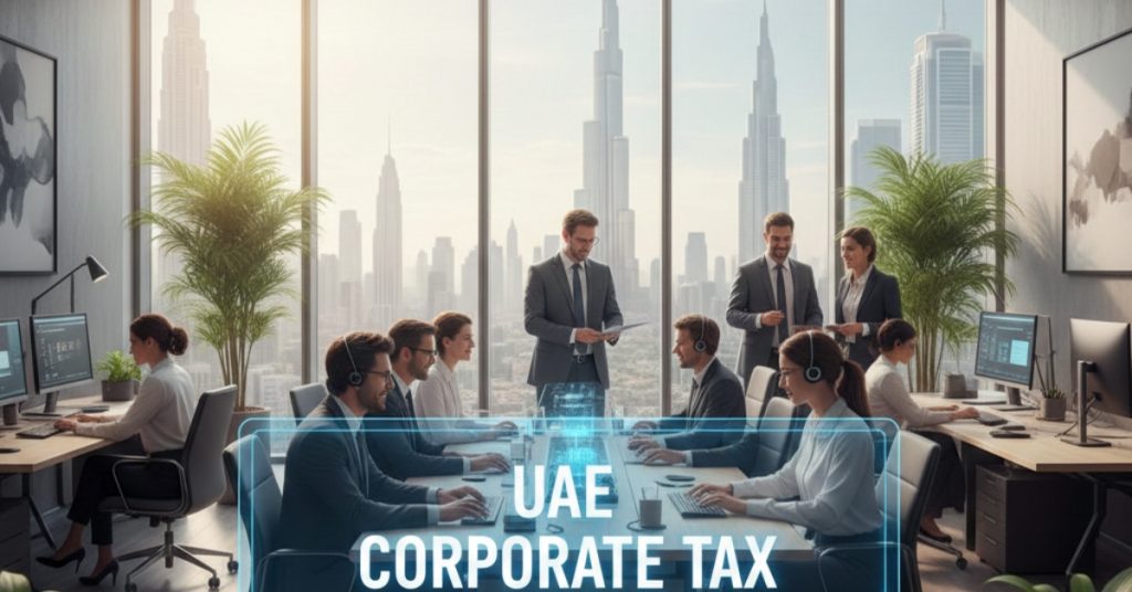 Team is having meeting in office regarding tax in UAE