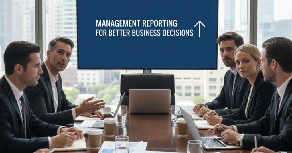 Team is sitting together in meeting for reporting