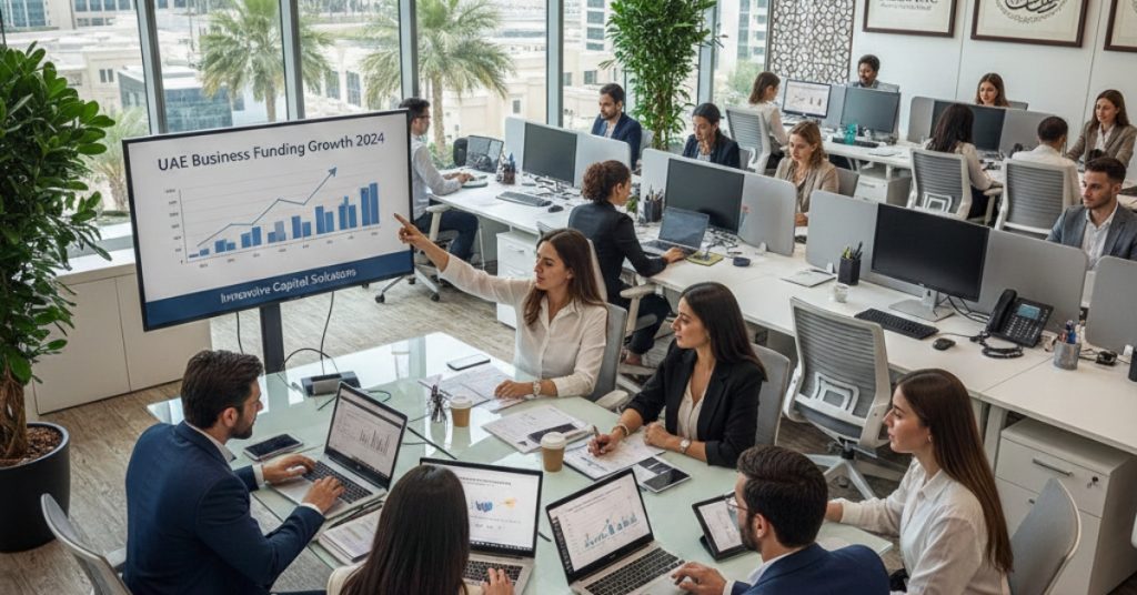 Team is working in office about business funding (2)