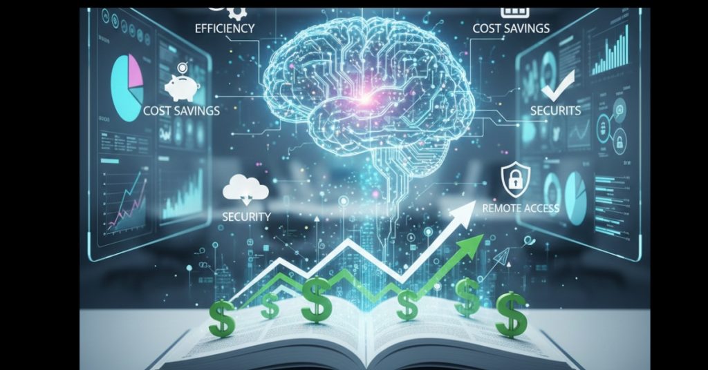 In this image there is digital accounting signs and showing benefits of it