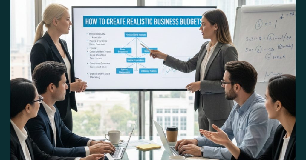 Manager is in meeting with team members regarding How to Create Realistic Business Budgets