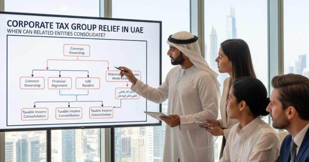 Team is in meeting for Corporate Tax Group Relief in UAE