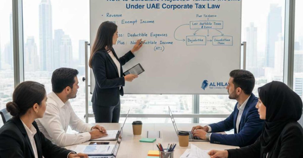 Team is in meeting on How to Calculate Adjusted Taxable Income Under UAE Corporate Tax Law