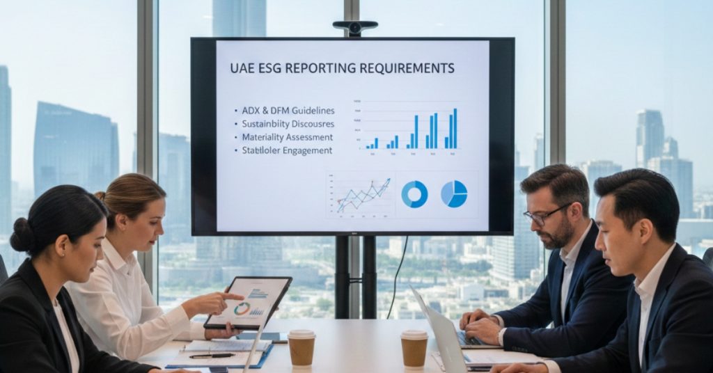 Team is in meeting regarding ESG Reporting Requirements for UAE Companies