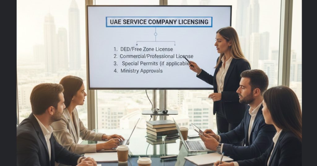 Team is in meeting regarding What Licenses Do Service Companies Need in UAE