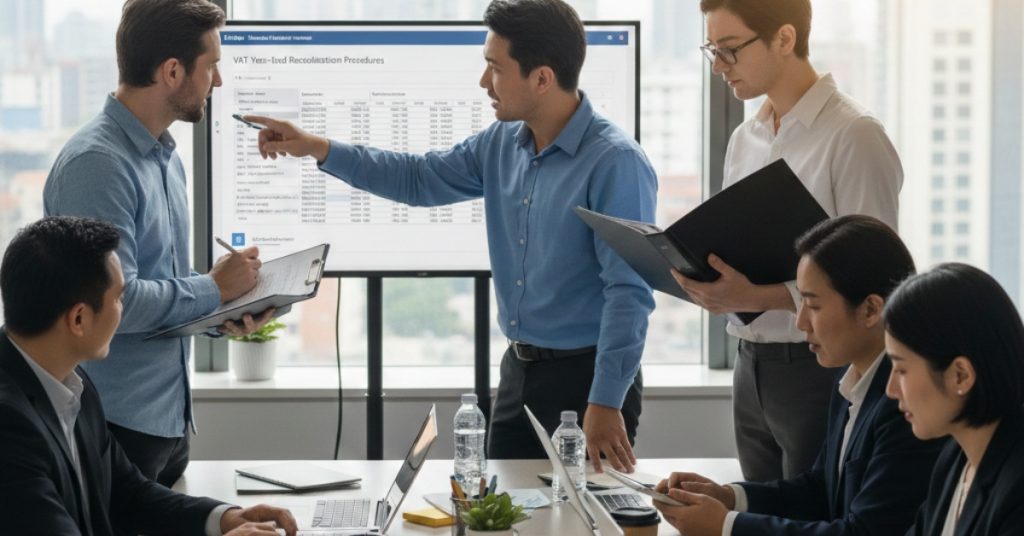 Team member is instructing others on VAT Year-End Reconciliation Procedures