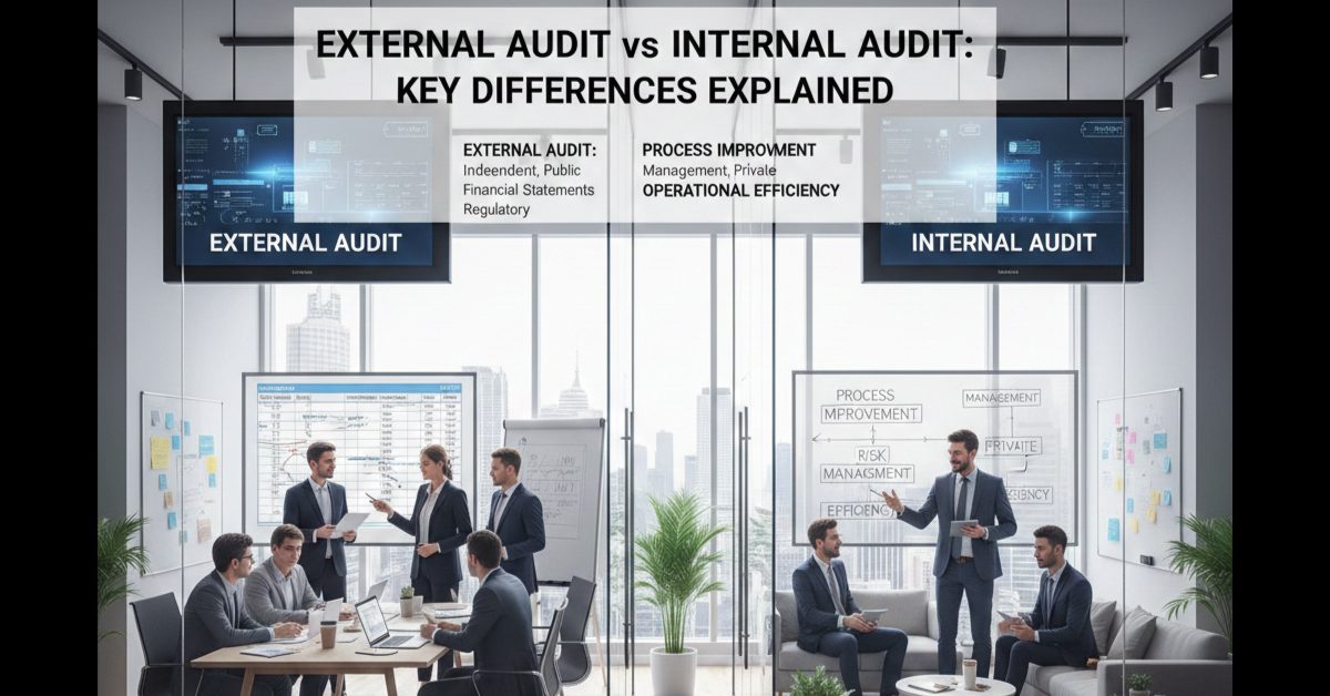 This image has two sides which shows Differences of External Audit vs Internal Audit