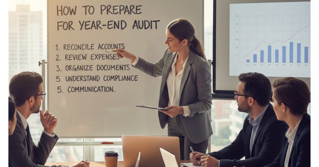 Woman is presenting about How to Prepare for Year-End Audit in office meeting