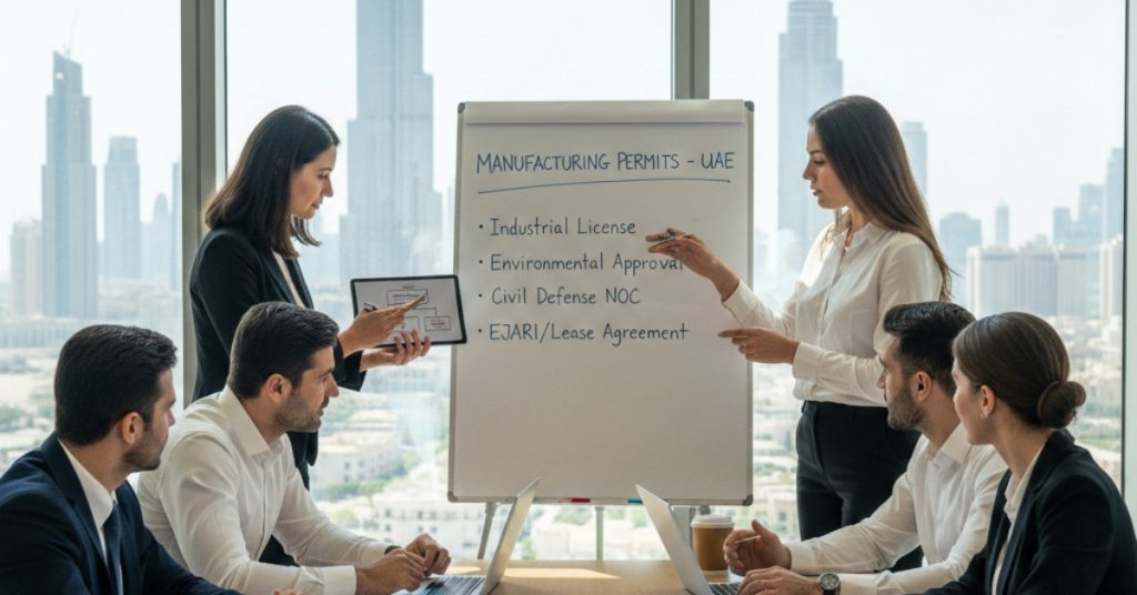 team in office working on What Permits are Required for Manufacturing business in UAE