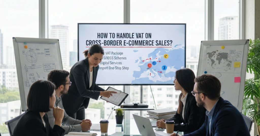 team is in meeting for How to Handle VAT on Cross-Border E-commerce Sales
