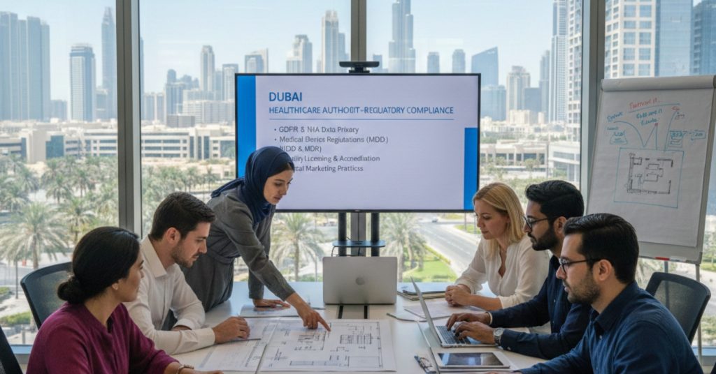 team is in meeting regarding Healthcare Compliance Requirements Dubai