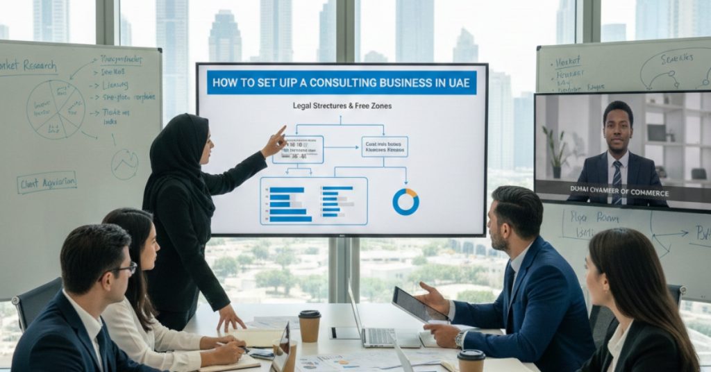 Team is in meeting regarding How to set up a consulting business in UAE