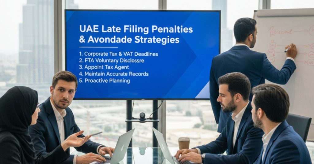Team is in meeting regarding Late Filing Penalties in UAE and How to Avoid Them