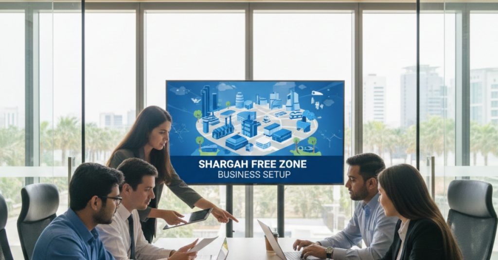 Team is in meeting related to Sharjah Free Zone Business Setup