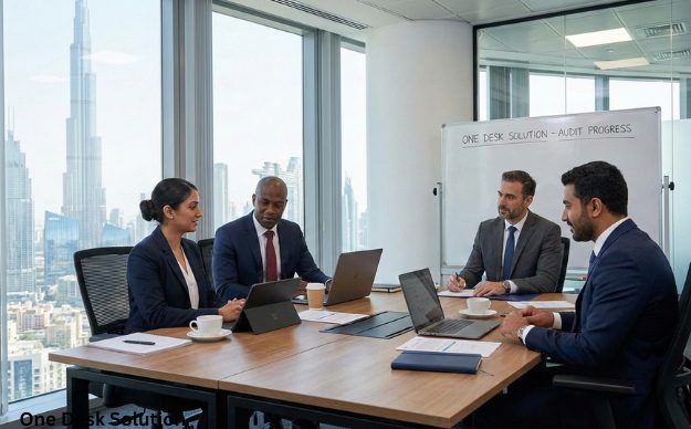 Creat me image for : One Desk Solution, AuditTeam working in the office in, Dubai, UAE