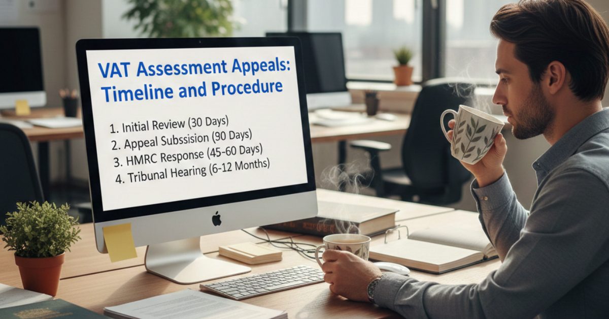 Man is working on VAT Assessment Appeals Timeline and Procedure while sitting in office