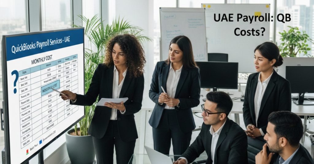 Team is in meeting for How much is QuickBooks payroll services in UAE