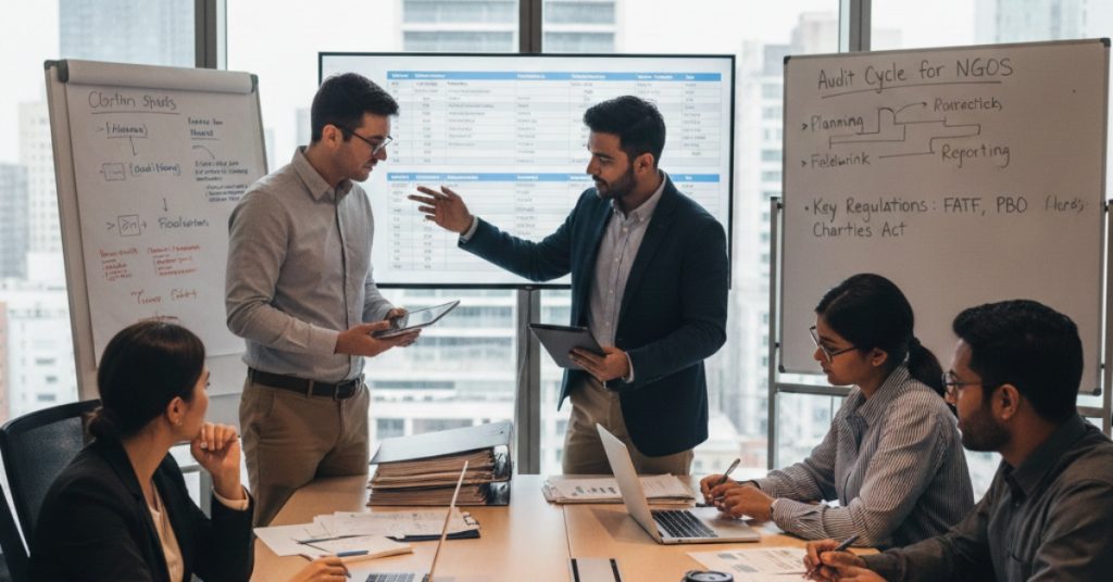 Team is in meeting regarding Audit Requirements for NGOs and Non-Profit Organizations