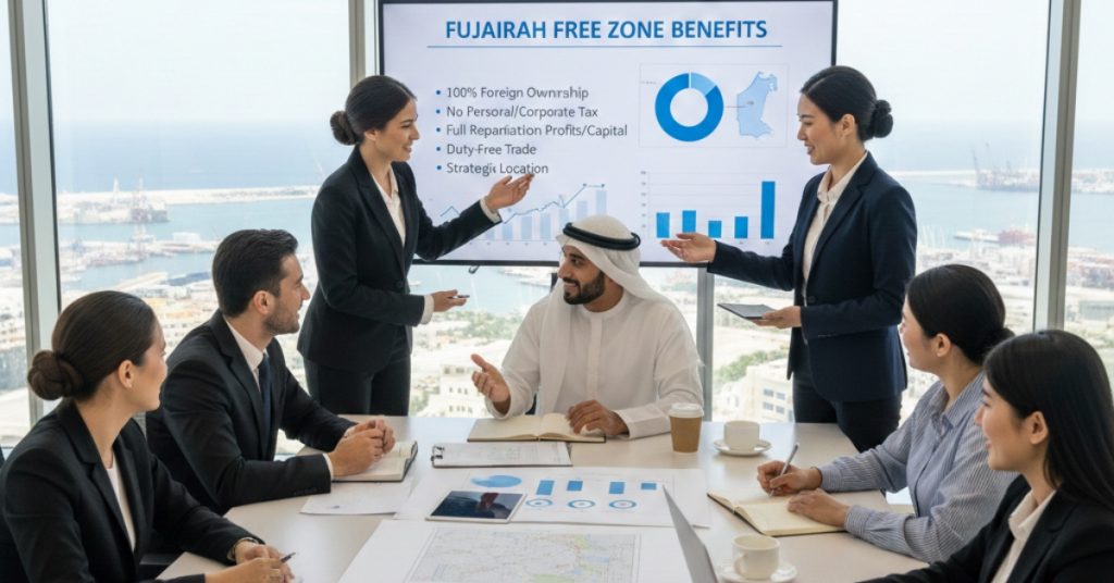 Team is in meeting regarding Fujairah Free Zone Benefits