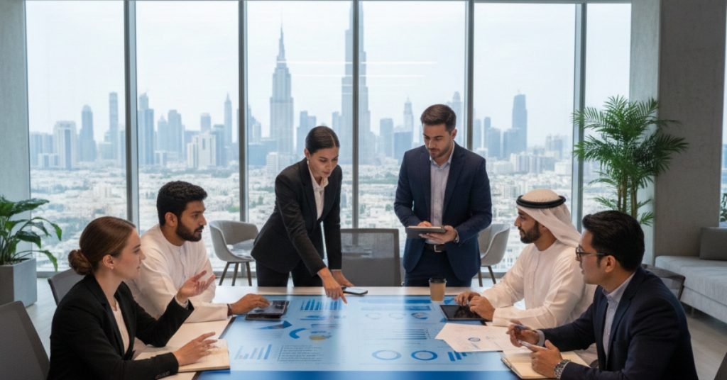 Team is in meeting regarding How much do payroll services charge in Dubai