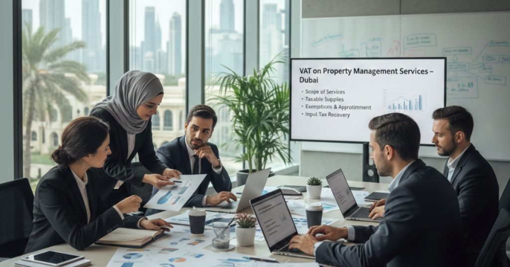 Team is in meeting regarding VAT on Property Management Services in Dubai