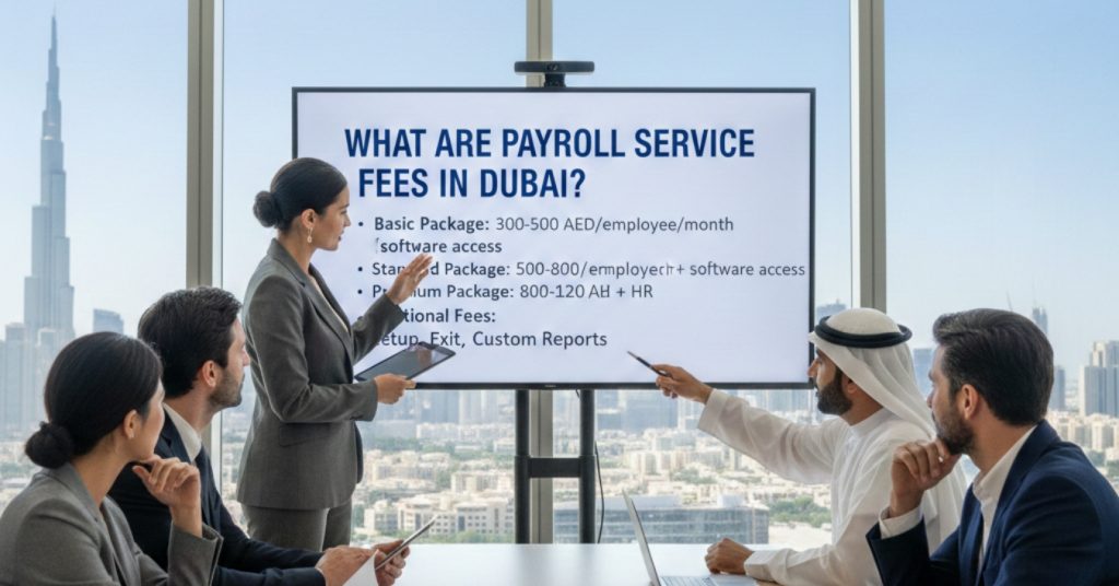 Team is in meeting regarding What are payroll service fees in Dubai