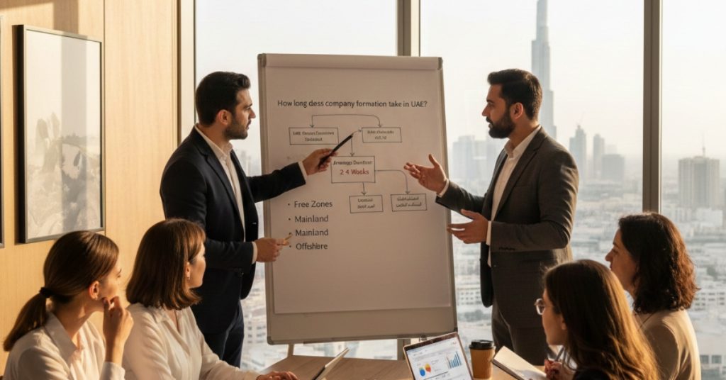 Team is in office working How long does company formation take in UAE