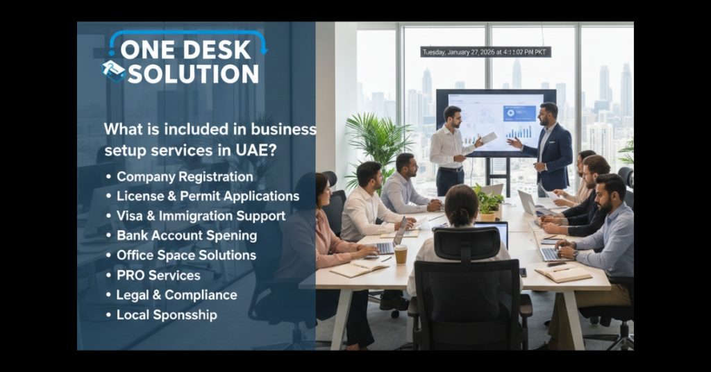 Team is in office working What is included in business setup services in UAE