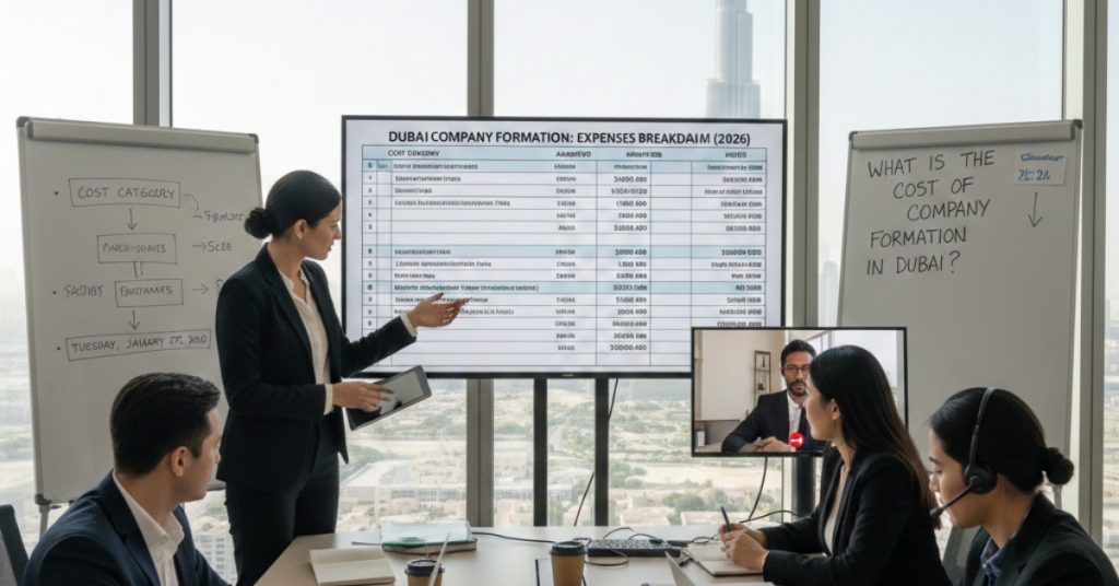 Team is in office working regarding What is the cost of company formation in Dubai