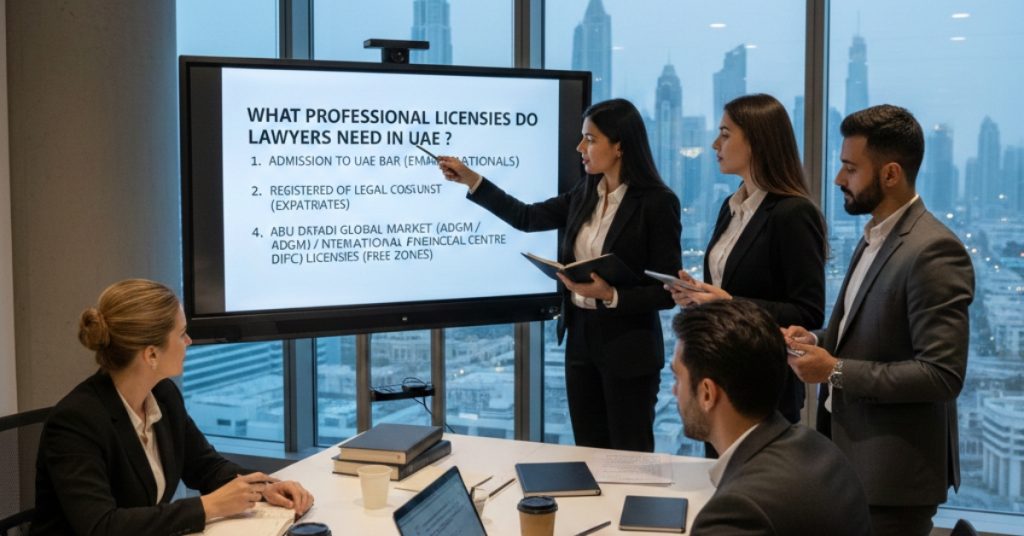 Team is in office working regarding What professional licenses do lawyers need in UAE