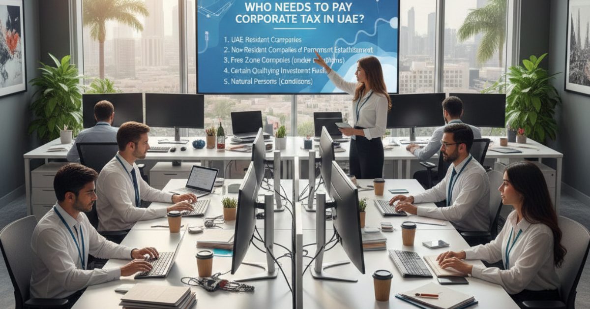 Team is working in office regarding Who needs to pay corporate tax in UAE