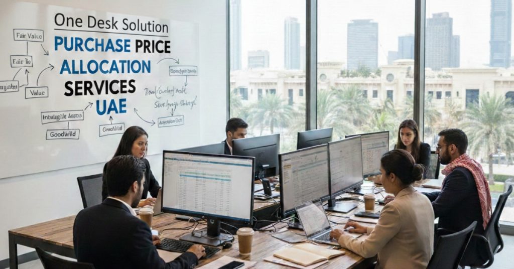 Employees are woring in office regarding Purchase Price Allocation Services UAE