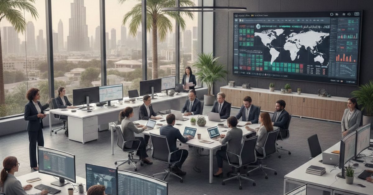 Employees are working handle international transactions in UAE