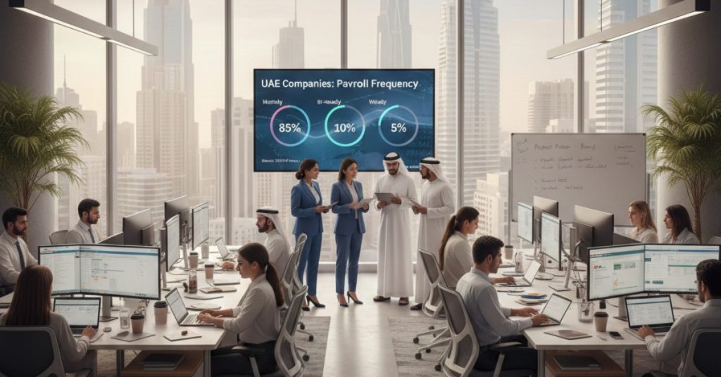 Employees are working in office in UAE regarding How often is payroll prepared in UAE companies