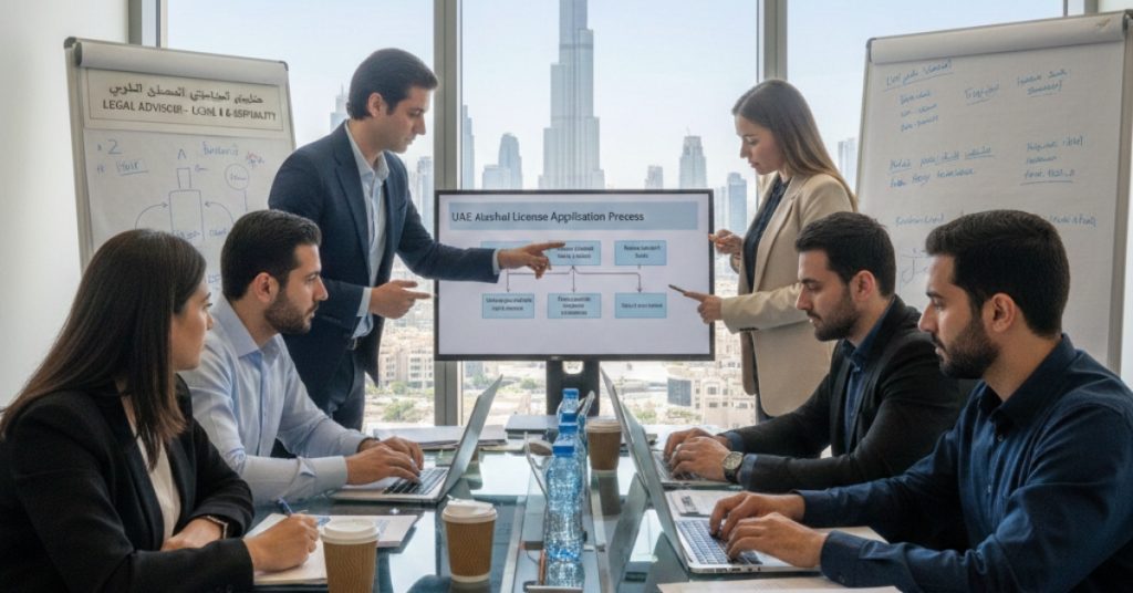Employees are working on alcohol license requirements in office in UAE