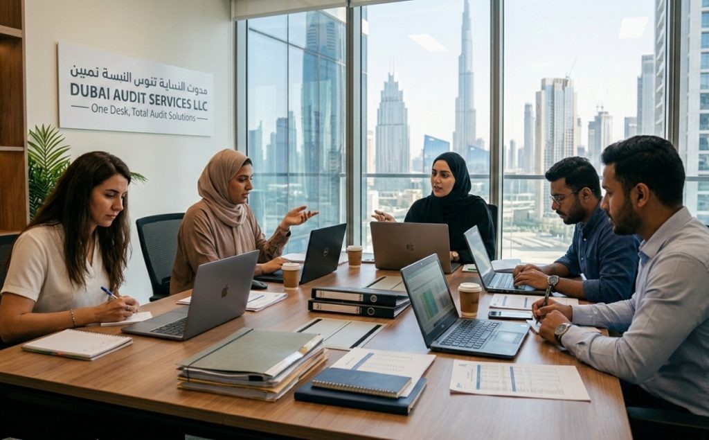 One desk solution, Small business audit team working in the office in, Dubai UAE