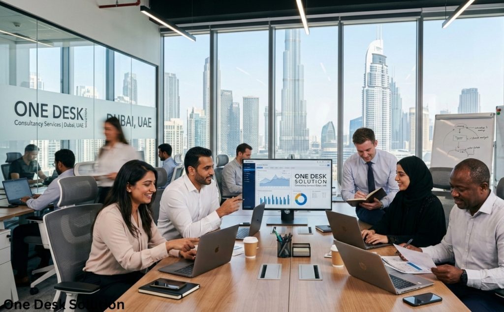 One Desk Solution, consultancy services team working in the office in, Dubai UAE
