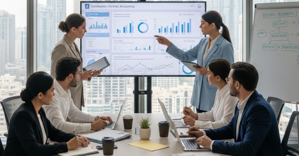 Team is working in office regarding Construction Contract Accounting in UAE