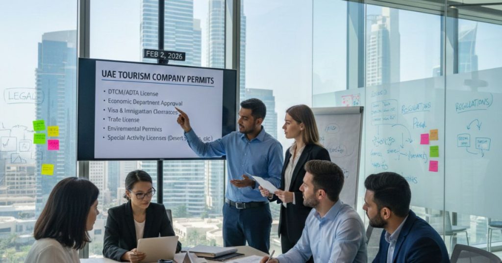 Team is working in office regarding What permits do tourism companies need in UAE
