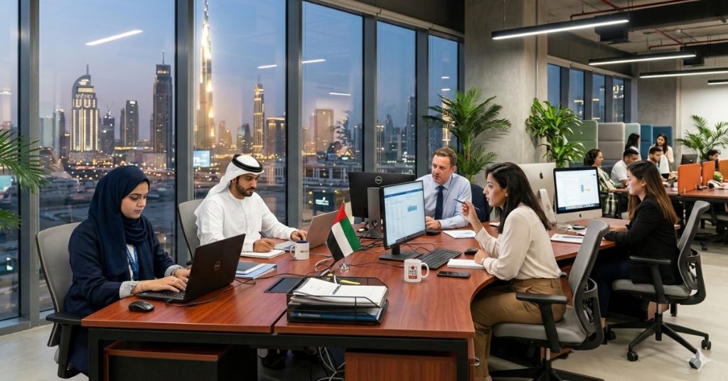 Employees are working regarding taxes apply to real estate transactions in Dubai