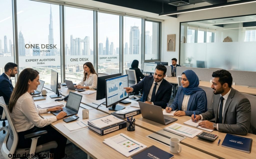 One desk solution, Expert auditors Dubai team working in the office, UAE