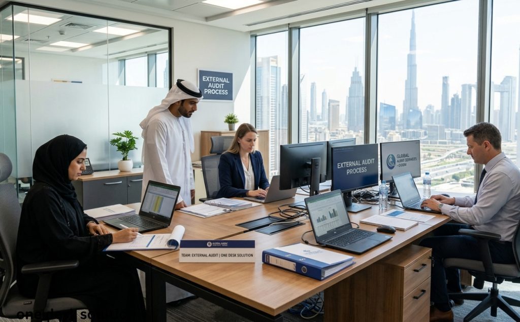 One desk solution, External Audit Process team working in the office, UAE