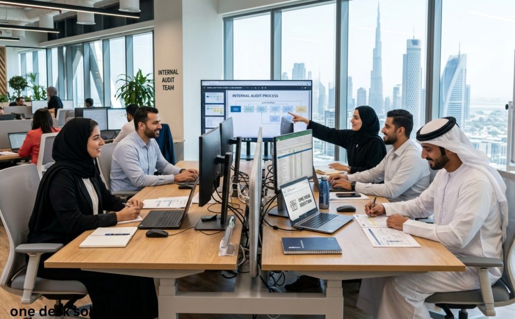 One desk solution, internal Audit Process team working in the office, UAE