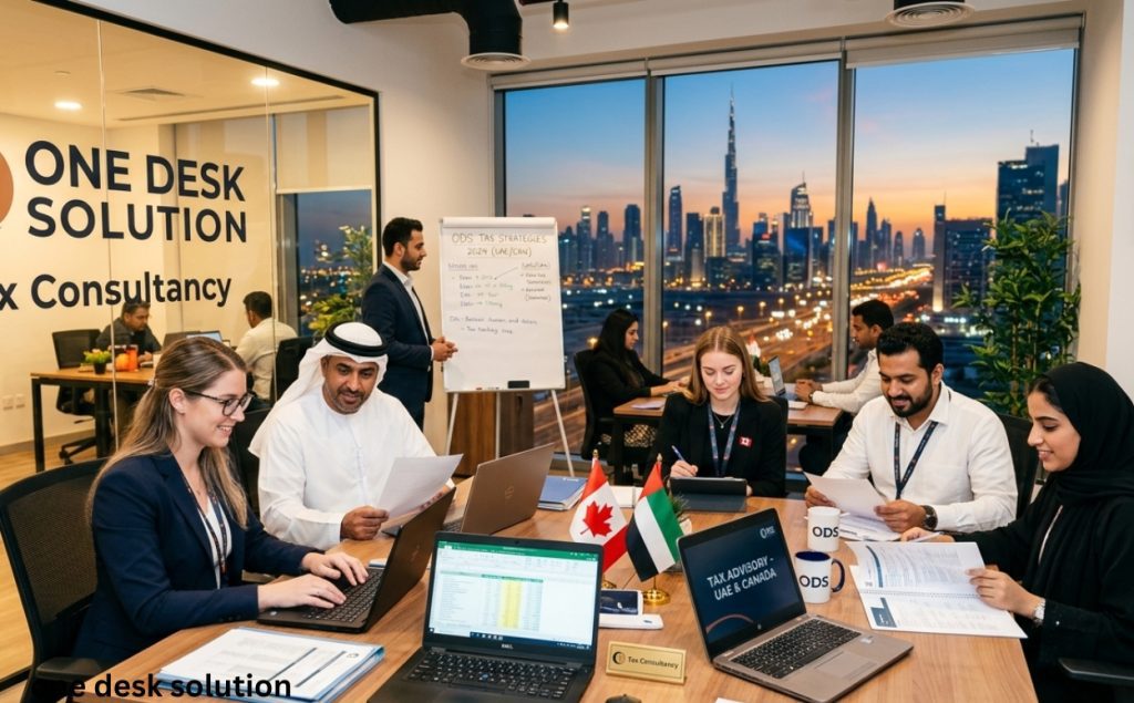 One Desk Solution, tax consultancy team working in the office, Dubai Canada