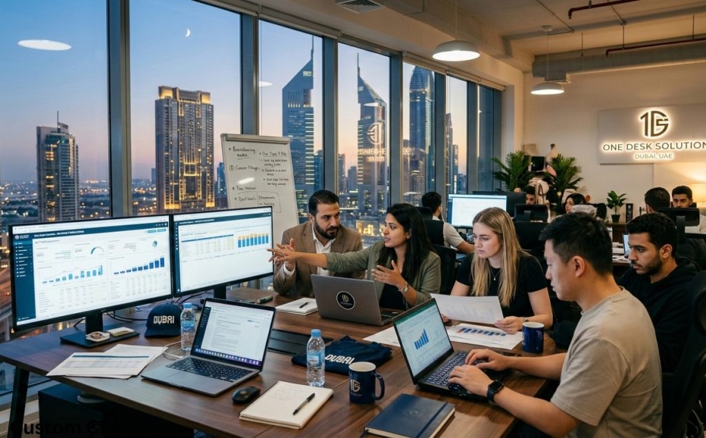 One Desk Solution, revenue forecasting team working in the office, Dubai UAE
