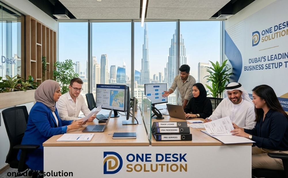 One Desk Solution, business set up Services team working in the office in Dubai