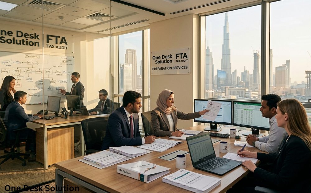 One Desk Solution, FTA Tax Audit Preparation Services team in the office in Dubai