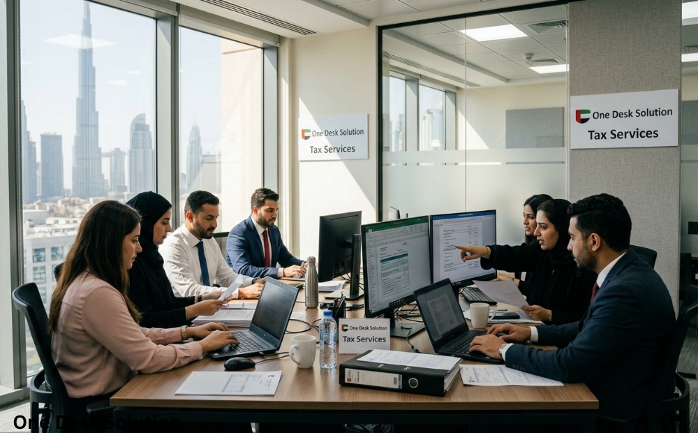 One Desk Solution, tax services team working in the office in UAE