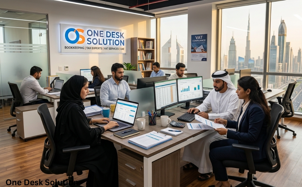 Create an image for: One Desk Solution, a bookkeeping tax expert services team working in the office in UAE